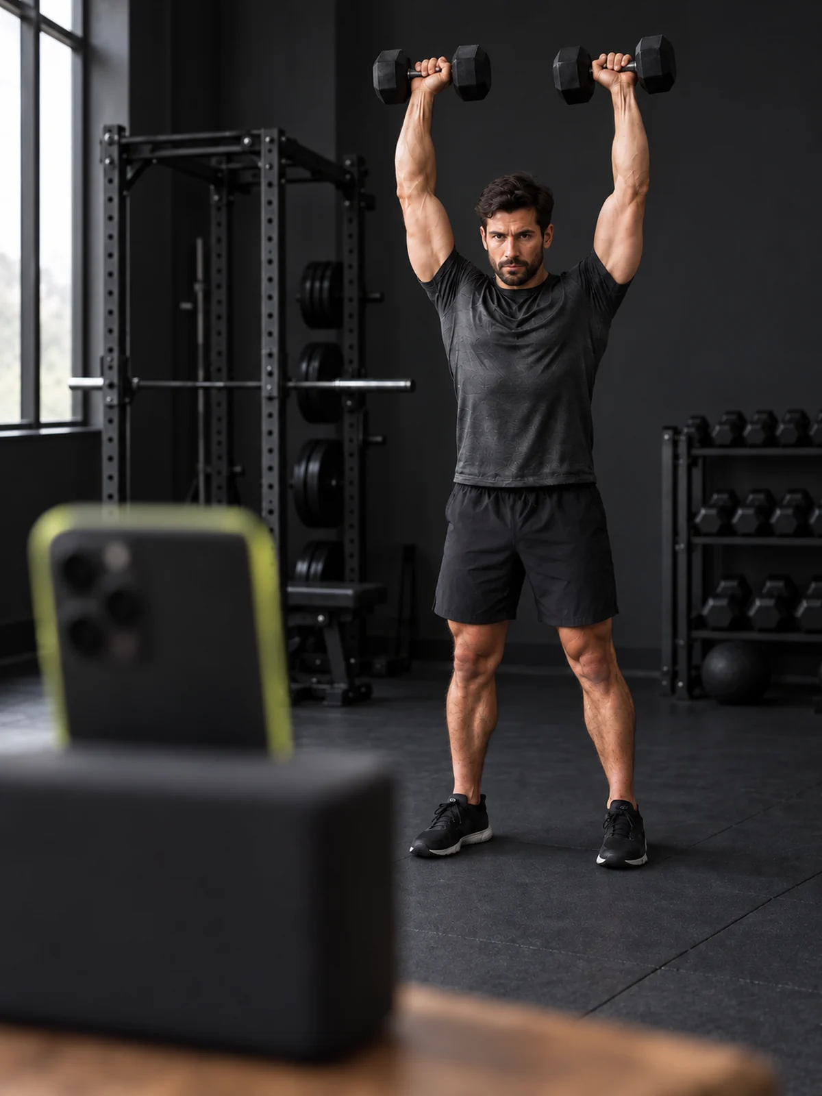 Front-facing athlete looking directly at a softly blurred phone while performing an overhead press