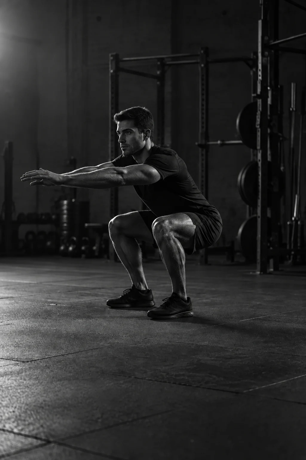 Illustrative athlete performing a controlled squat at a diagonal angle in a dim gym